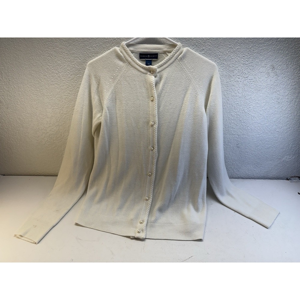 Karen Scott Womens Cardigan Sweater XS Cream Button Front Pearl Detail